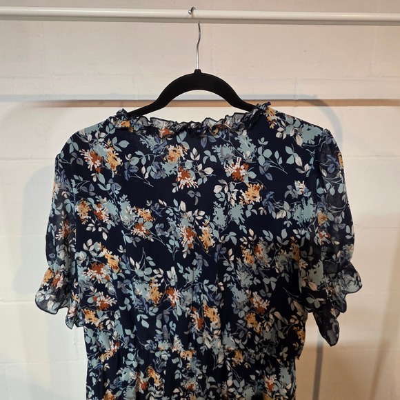 Floral Tiered Maxi Dress Navy Blue Brown Ruffle V-Neck Flutter Sleeve Size XL - Picture 9 of 10